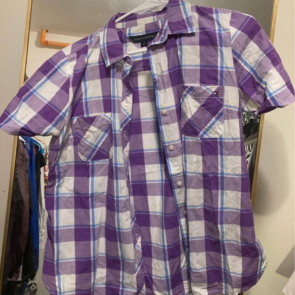 Plaid Purple and White Tommy Hilfiger Women's Short Sleeve Button Down Blouse